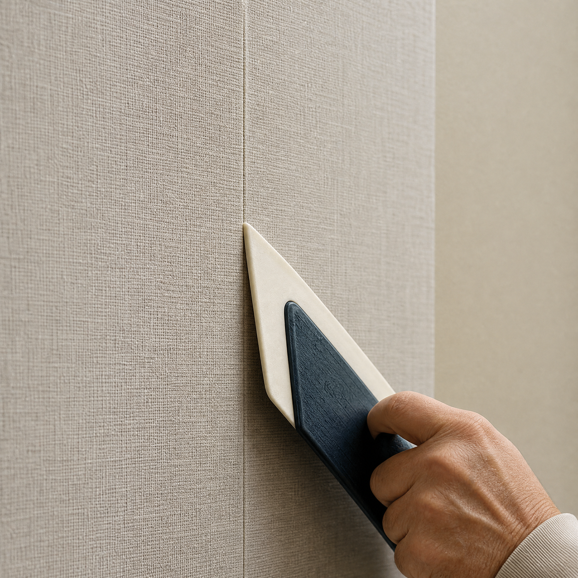 Detailed wallpaper seam on a prepared interior wall
